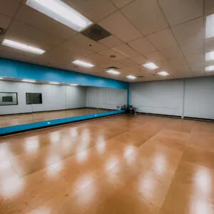 Dance studio with sprung wood flooring and large mirrors for practice.