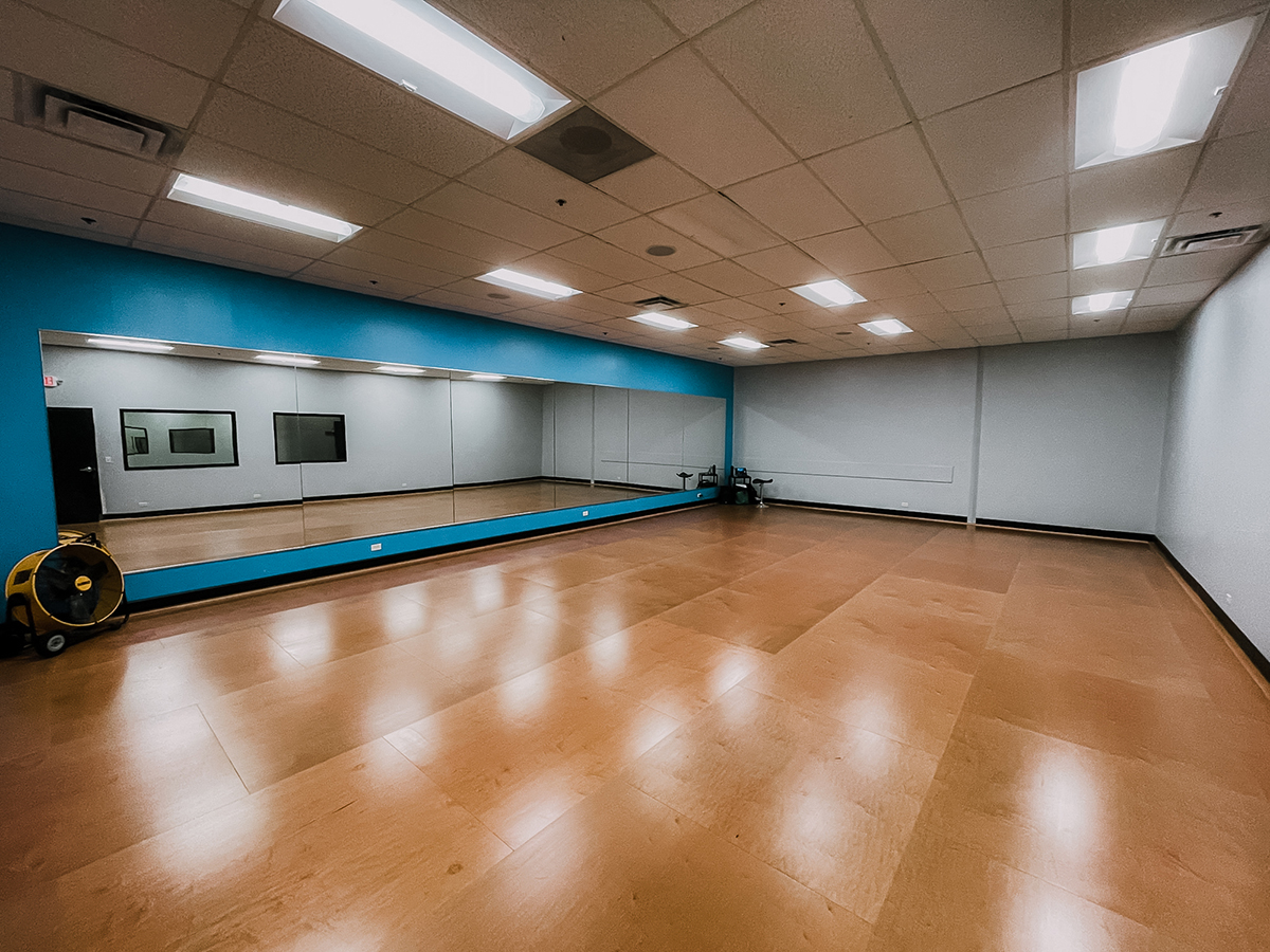 Spacious dance studio with gleaming sprung wooden floor, mirrored wall, and bright ceiling lights for optimal practice environment.