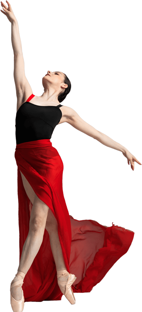 Elegant dancer in red skirt performing on sprung dance floor