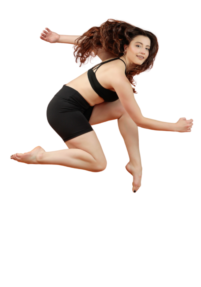 Dancer in workout cloths suspended in mid air dancing
